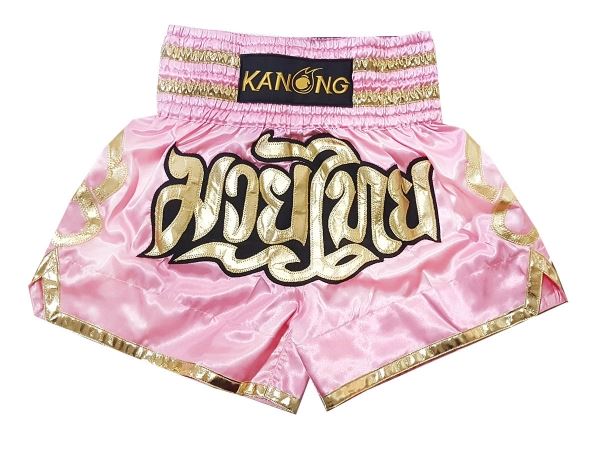 Farabi Muay Thai Shorts - Pink/Black Satin Kickboxing Trunks For MMA Training - Adult Size
