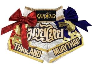 Kanong Muay Thai Kick Boxing Shorts with ribbons : KNS-128-White