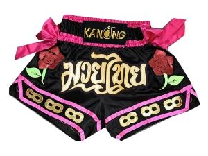 Kanong Muay Thai Kick Boxing Shorts with ribbons : KNS-129-Black