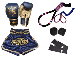 Boxing Gloves with Matching Muay Thai Shorts and Gear : Set 121 Navy