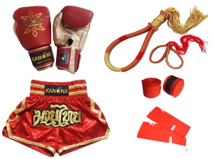 Boxing Gloves with Matching Muay Thai Shorts and Gear : Set 121 Red