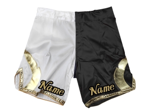 Customize MMA shorts add name or logo : White-Black