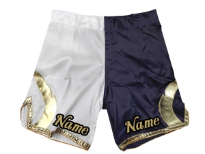 Custom MMA shorts add name or logo : White-Navy