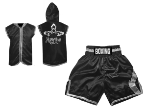 Custom Fight Hoodied Jacket and Boxing Short Set : Black/Silver