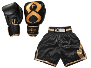 Real leather Boxing Gloves + Custom Boxing Shorts : KNCUSET-201-Black-Gold