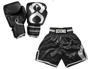 Real leather Boxing Gloves + Custom Boxing Shorts : KNCUSET-201-KNCUSET-201-Black-Silver