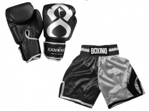 Real leather Boxing Gloves + Custom Boxing Shorts : KNCUSET-202-Black-Silver