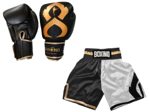 Real leather Boxing Gloves + Custom Boxing Shorts : KNCUSET-202-Black-White