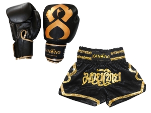 Real leather boxing gloves and custom Muay Thai Boxing Shorts : Set-121-Thaikick-Black