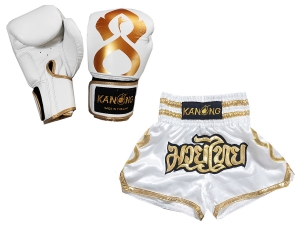Real leather boxing gloves and custom Muay Thai Boxing Shorts : Set-121-Thaikick-White
