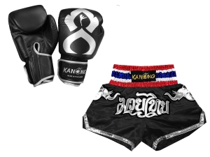 Real leather boxing gloves and custom Muay Thai Boxing Shorts : Set-125-Gloves-Thaikick-Black