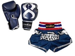Real leather boxing gloves and custom Muay Thai Boxing Shorts : Set-125-Gloves-Thaikick-Navy