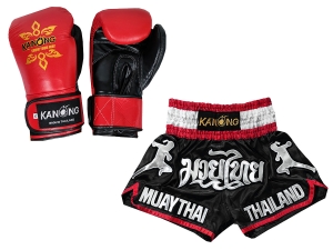 Real leather boxing gloves and custom Muay Thai Boxing Shorts : Set-133-Gloves-Black