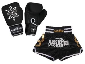Real leather boxing gloves and custom Muay Thai Boxing Shorts : Set-143-Gloves-Black