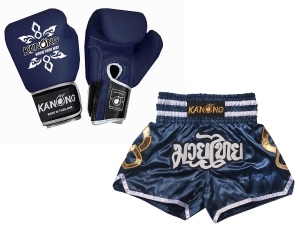Real leather boxing gloves and custom Muay Thai Boxing Shorts : Set-143-Gloves-Navy