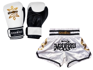 Real leather boxing gloves and custom Muay Thai Boxing Shorts : Set-143-Gloves-White