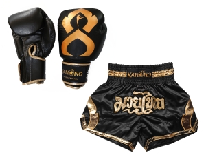 Real leather boxing gloves and custom Muay Thai Boxing Shorts : Set-144-Gloves-Black-Gold