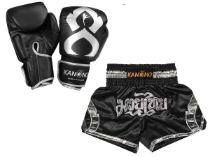 Real leather boxing gloves and custom Muay Thai Boxing Shorts : Set-144-Gloves-Black-Silver