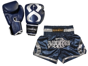 Real leather boxing gloves and custom Muay Thai Boxing Shorts : Set-144-Gloves-Navy