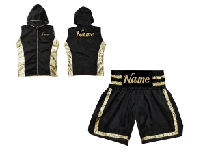 Custom Fight Hoodied Jacket and Boxing Short Set : KNCUSET-007-Black-Gold