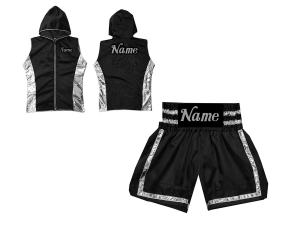 Custom Fight Hoodied Jacket and Boxing Short Set : KNCUSET-007-Black-Silver