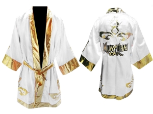 Kanong Custom Boxing Fight Robe : White Lai Thai