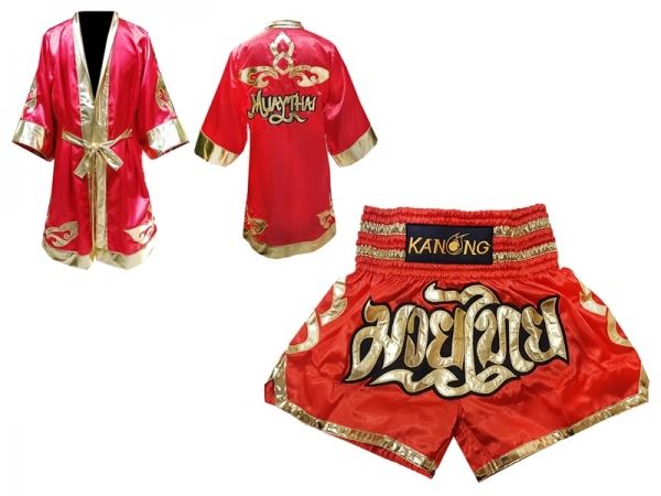 Muay Thai Fight Robe and Muay Thai Short Set : Red Lai Thai