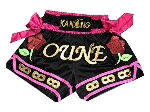 Customize Black Muay Thai Boxing Shorts with Pink ribbons : KNSCUST-1005