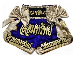 Customised Blue Muay Thai Boxing Shorts with ribbons : KNSCUST-1095