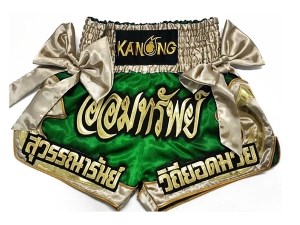 Custom Green Muay Thai Boxing Shorts with ribbons : KNSCUST-1097