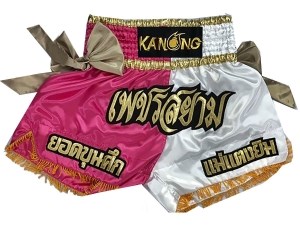 Customize White and Pink Muay Thai Boxing Shorts with ribbons : KNSCUST-1100