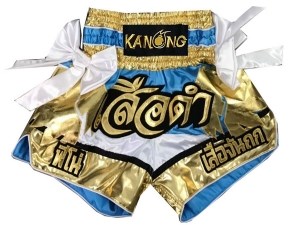 Customize white and light blue Muay Thai Boxing Shorts Ribbons : KNSCUST-1107