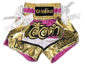 Custom White and Pink Muay Thai Boxing Shorts Ribbons : KNSCUST-1108