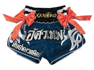 Customize Blue Muay Thai Boxing Shorts with ribbons : KNSCUST-1111