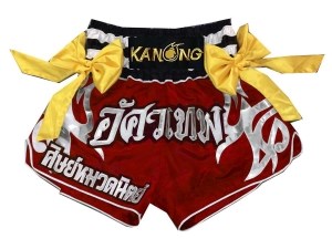 Custom Red Muay Thai Boxing Shorts with ribbons : KNSCUST-1112