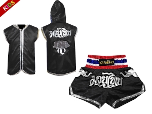 Muay Thai Hoodies and Muay Thai Short Set for Kids : Black Elephant