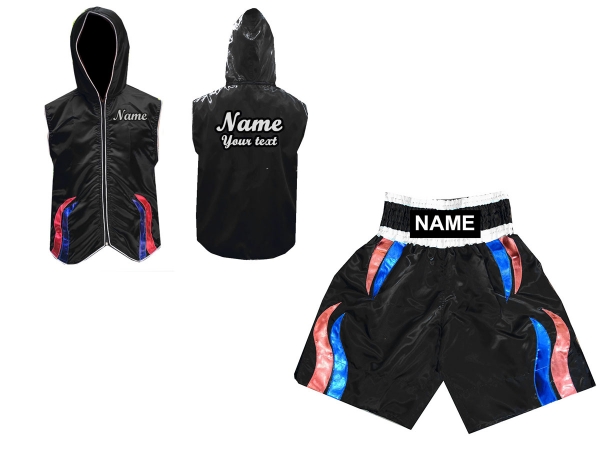 Custom Fight Hoodied Jacket and Boxing Short Set : Black/Stripes