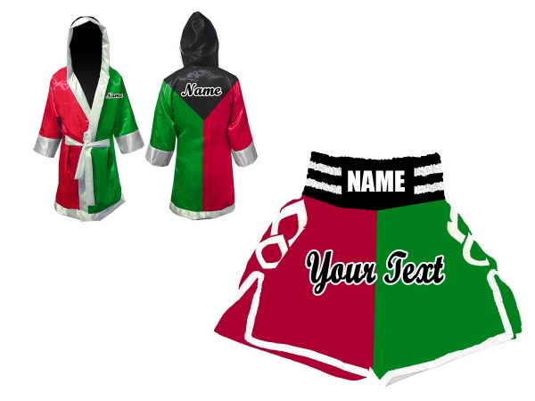 Custom Fight Robe and Boxing Short Set : Black/Green/Red
