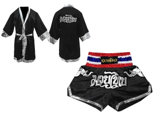 Muay Thai Fight Robe and Muay Thai Short Set : Set-125-Robe-Black