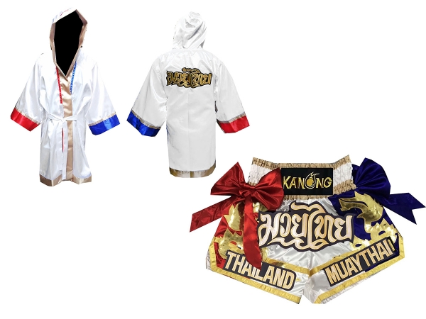 Muay Thai Fight Robe and Muay Thai Short Set : Set-128-Robe-White