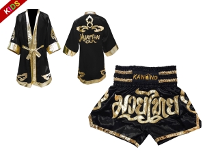 Muay Thai Fight Robe and Muay Thai Short Set for Kids : Black Lai Thai