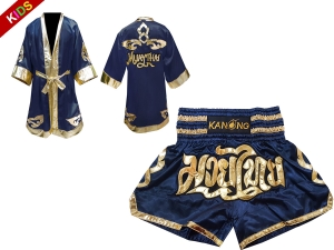 Muay Thai Fight Robe and Muay Thai Short Set for Kids : Navy Lai Thai