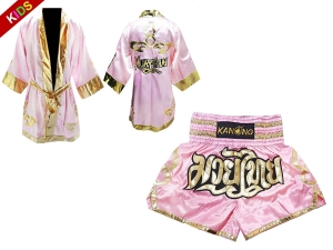 Muay Thai Fight Robe and Muay Thai Short Set for Kids : Pink Lai Thai