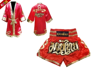 Muay Thai Fight Robe and Muay Thai Short Set for Kids : Red Lai Thai